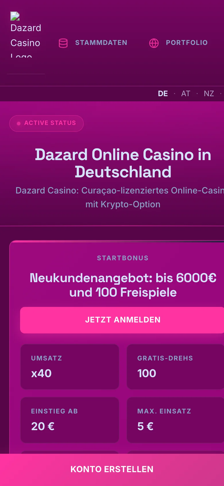 Dazard Casino mobile lobby screenshot