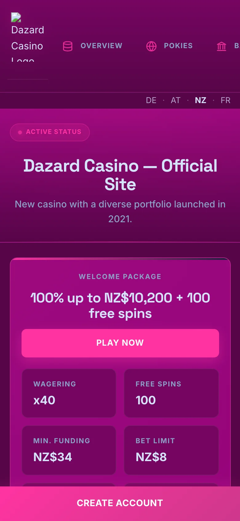 Dazard Casino mobile lobby screenshot